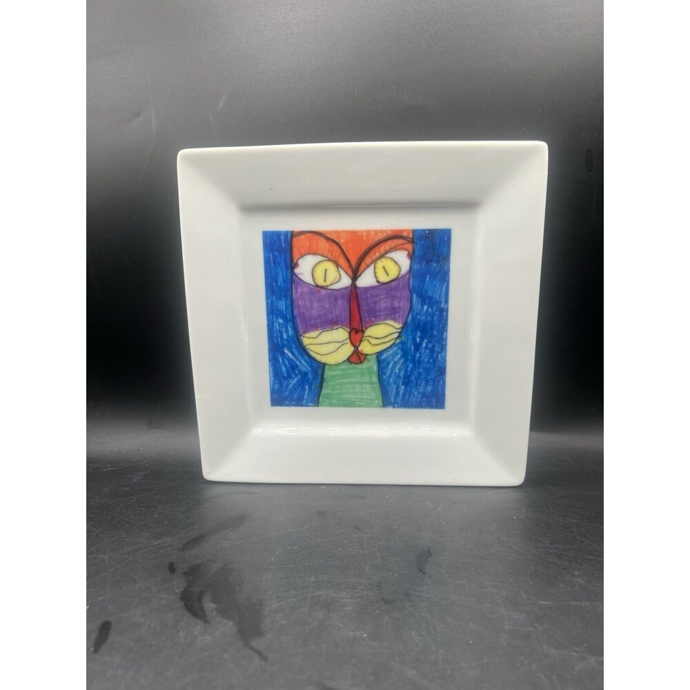 Abstract Cat Art Square Ceramic Plate 7 3/8” Colorful Modern Folk Art Decor